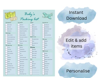 Baby's Travel Packing List - Personalized and Editable - Full Checklist  - Digital Template - 5 Color Choices