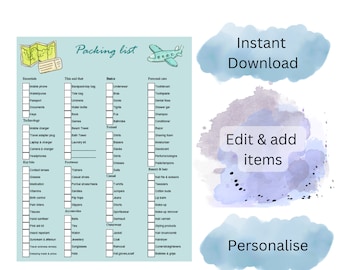 Travel Packing List - Personalized and Editable - Full Checklist  - Digital Template - 5 Color Choices