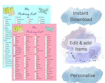 His & Her Travel Packing List - Personalized and Editable - Full Checklist  - Digital Template - 4 Color Choices