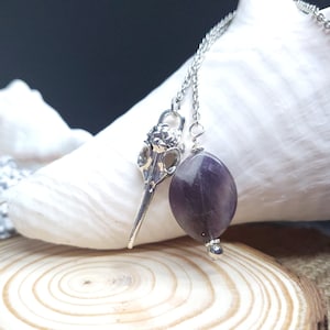 May include: A silver chain necklace with a silver bird skull pendant and a purple amethyst stone pendant.