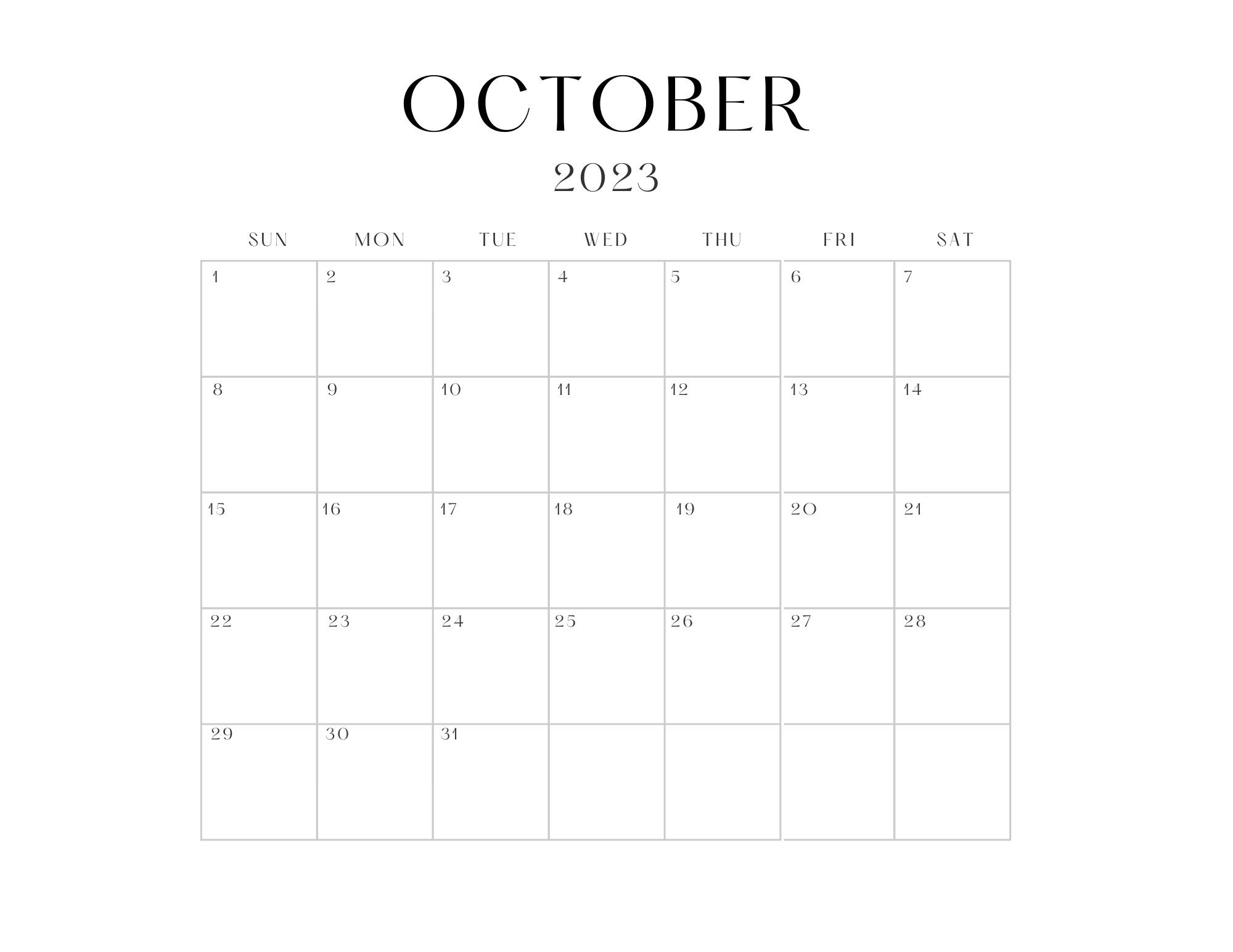Blank Dated October Monthly Calendar, Instant Printable Download. 11 in ...