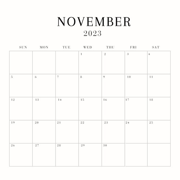 Blank Dated November Monthly Calendar, Instant Printable Download. 11 in x 8.5 in