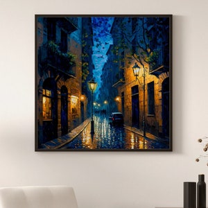 Rainy Nights in Barcelona Wall Art Print, Modern Oil Painting, Wall Art, Oil Landscape Decor Line Digital Download, Wall Art