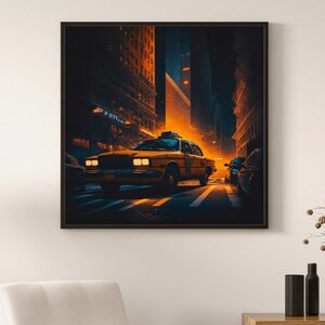 City Lights, NYC Futuristic Wall Art, Vintage Wall Art, NYC Taxi Wall Print, Future Architecture, Digital Poster Print, Black Taxi Poster