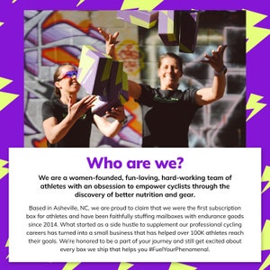 K&ouml;nnte beinhalten: Zwei Frauen stehen vor einer Graffiti-Wand und werfen Boxen in die Luft. Die Boxen sind lila und gelb und haben den Text "Fuel Your Phenomenal" aufgedruckt. Der Text "Wer sind wir?" befindet sich am unteren Rand des Bildes, zusammen mit einer Beschreibung des Unternehmens.