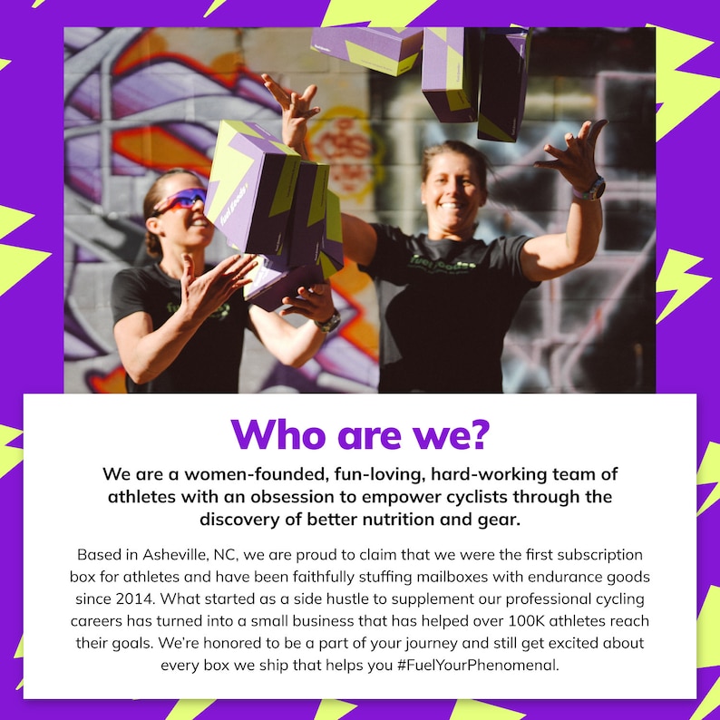 K&ouml;nnte beinhalten: Zwei Frauen stehen vor einer Graffiti-Wand und werfen Boxen in die Luft. Die Boxen sind lila und gelb und haben den Text "Fuel Your Phenomenal" aufgedruckt. Der Text "Wer sind wir?" befindet sich am unteren Rand des Bildes, zusammen mit einer Beschreibung des Unternehmens.