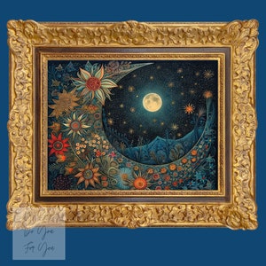 Bel art mural Crescent Full Moon Night Flowers, Sacred Soul Moon, impression numérique de haute qualité, papiers de journal mystiques, célestes, indésirables