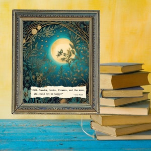 Met vrijheid, boeken, bloemen en het citaat van de maan, notitiekaart en afdrukbare muurkunst, inspiratie, vreugde, junk journal, papier, digitale kunstprint