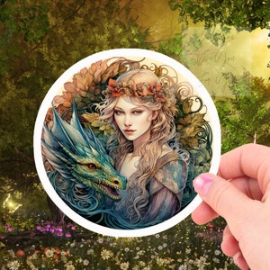 A Fairy & her Dragon, weatherproof sticker vinyl die cut, magical, junk journal, laptop kindle, fae, dragoncon, wing fantasy, bookish gift