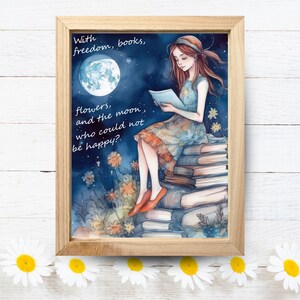 Con libertad, libros, flores y la cita de la luna, tarjeta de notas y arte de pared imprimible, papeles, alegría, diario basura, libros, impresión de arte digital, regalo