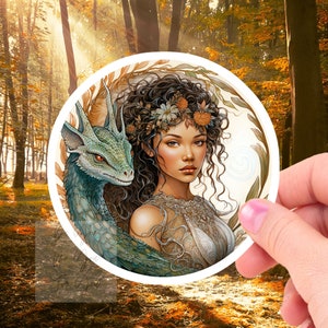 A Fairy & her sweet Dragon, weatherproof sticker vinyl die cut, magical, junk journal, laptop kindle, fae, dragoncon, wing fantasy, bookish