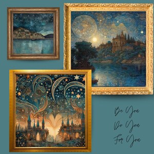 Wall Art Fairy Kingdom Set of 3 Digital download square art prints, Night sky, Fantasy, Cottage, fae, princess, paper, illustration, fiction
