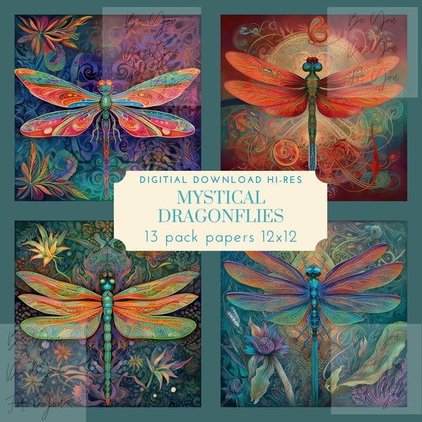 Mystical Dragonflies, Dragonfly wall art, digital download scrapbooking, junk journal, botanical, 13 high quality images, 4 seamless pattern