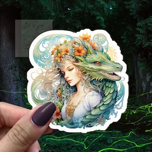 A Fairy and her Dragon, weatherproof sticker vinyl die cut, magical, junk journal, laptop kindle, fae, dragoncon, wing fantasy, bookish gift