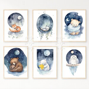Nursery Wall Art Sleepy Time Woodland Animals Set of 6 Digital Hi-Res download prints, Cottage creatures, neutre, Bears Fox Kitten Owl