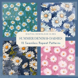 Denim Daisies Summer Pattern, Daisy, fiori, scrapbooking, diario spazzatura, tessuto, carte, immagini digitali di alta qualità, piastrella modello senza soluzione di continuità