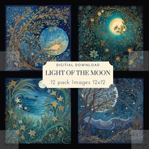 E dançar à luz da lua: 12 belas imagens de arte de parede, download digital, álbum de recortes, diário de lixo, céu noturno, lua, flores, estrelas
