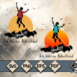 May include: Two silhouettes of children jumping in the air with backpacks on, against a yellow sun and a brown watercolor background. The text "Yeah!!! Ich bin ein Schulkind" is written below each child.