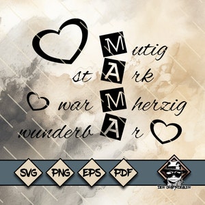 Könnte beinhalten: Ein schwarz-weißes Grafikdesign mit dem Wort "MAMA" in einer vertikalen Spalte. Jeder Buchstabe befindet sich in einem separaten Quadrat. Die Buchstaben sind von den Wörtern "mutig", "stark", "herzig" und "war" in Herzform umgeben. Der Text "wunderbar" befindet sich unter dem Herzen. Die Grafik befindet sich auf einem beigefarbenen Hintergrund mit einem Aquarelleffekt.