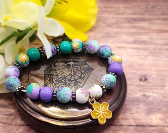 Purple Spring Inspired Beaded Bracelet w/ Charm 8mm Beads