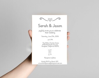 Sjabloon bruiloft uitnodiging, leuke bruiloft uitnodiging, doodle uitnodiging, afdrukbare huwelijksuitnodiging, afdrukbare bruiloft briefpapier, SARAH