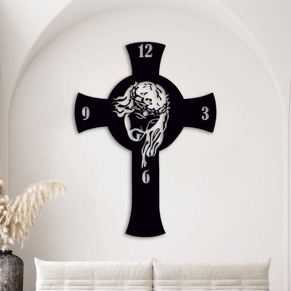 Jesus Cross Clock laser cut svg dxf files wall sticker decal silhouette template cnc cutting router digital vector download