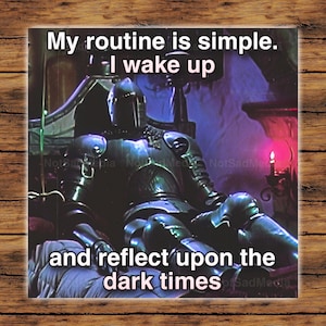 May include: A meme image featuring a knight in armor sitting on a throne. The text reads "My routine is simple. I wake up and reflect upon the dark times."