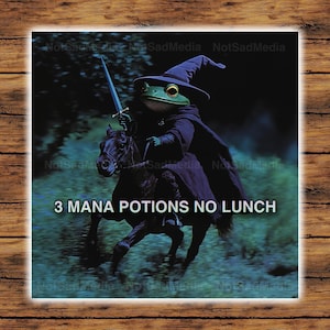 May include: A green frog wearing a wizard hat and riding a black horse. The frog is holding a sword and the horse is running through a dark forest. The text "3 MANA POTIONS NO LUNCH" is written below the image.