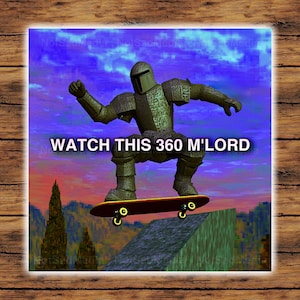 May include: A green, armored knight figure performing a 360-degree skateboard trick in the air. The knight is wearing a helmet and is holding a skateboard with yellow wheels. The background is a colorful sky with clouds and a distant landscape.
