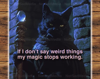 May include: A black cat with a blue crystal staff, wearing a dark robe, with the text "If I don't say weird things my magic stops working."