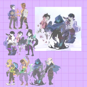 Puede incluir: Una colección de figuras de acrílico que muestran varios personajes animados estilizados en poses de combate. Las figuras presentan diversos atuendos, armas y efectos mágicos, incluyendo orbes brillantes, humo oscuro y mariposas, representados en un estilo ilustrado vibrante.