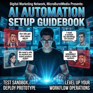Könnte beinhalten: Ein digitales Handbuch mit dem Titel AI AUTOMATION SETUP GUIDEBOOK von Digital Marketing Network, MicroBurstMedia. Es zeigt eine Person an einer leuchtenden Konsole mit vier Sprechblasen, die dringende geschäftliche Anliegen äußern.