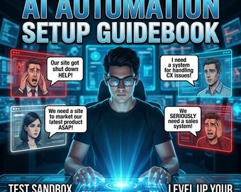 Puede incluir: Una guía digital titulada AI AUTOMATION SETUP GUIDEBOOK de Digital Marketing Network, MicroBurstMedia. Muestra a una persona ante una consola brillante con cuatro globos de texto que expresan necesidades empresariales urgentes.