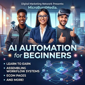 May include: A digital graphic featuring three people, a small robot, and text reading Digital Marketing Network Presents: MicroBurstMedia. AI AUTOMATION for BEGINNERS. LEARN TO EARN, ASSEMBLING WORKFLOW SYSTEMS, ECOM PAGES, AND MORE! with an AI network diagram.