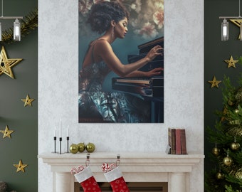 Puede incluir: Una mujer con un vestido azul y verde toca un piano de cola negro. El piano está decorado con flores y la mujer lleva pendientes.