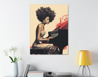 Puede incluir: Una mujer con un peinado afro toca un piano de cola negro. Lleva un vestido marrón claro y grandes pendientes de oro. El fondo es un diseño abstracto rojo y blanco.