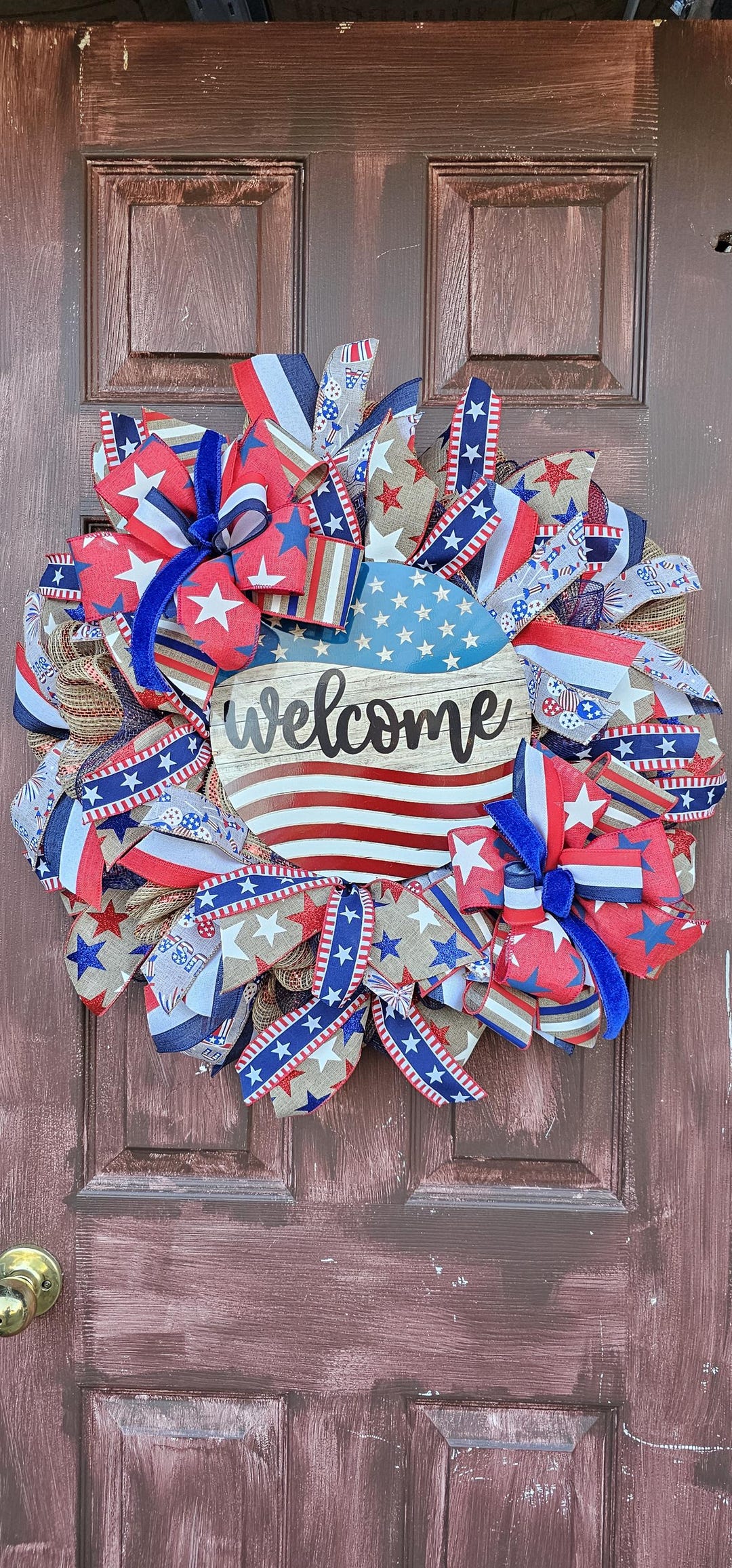 Patriotic Burlap Welcome Wreath: 4th of July Americana Door Decor - Etsy