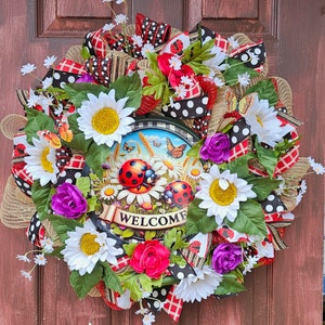 Ladybug Wreath, Ladybug Welcome Wreath, Spring Wreath, Welcome Spring Wreath, Ladybug Decor, Ladybug Spring Wreath
