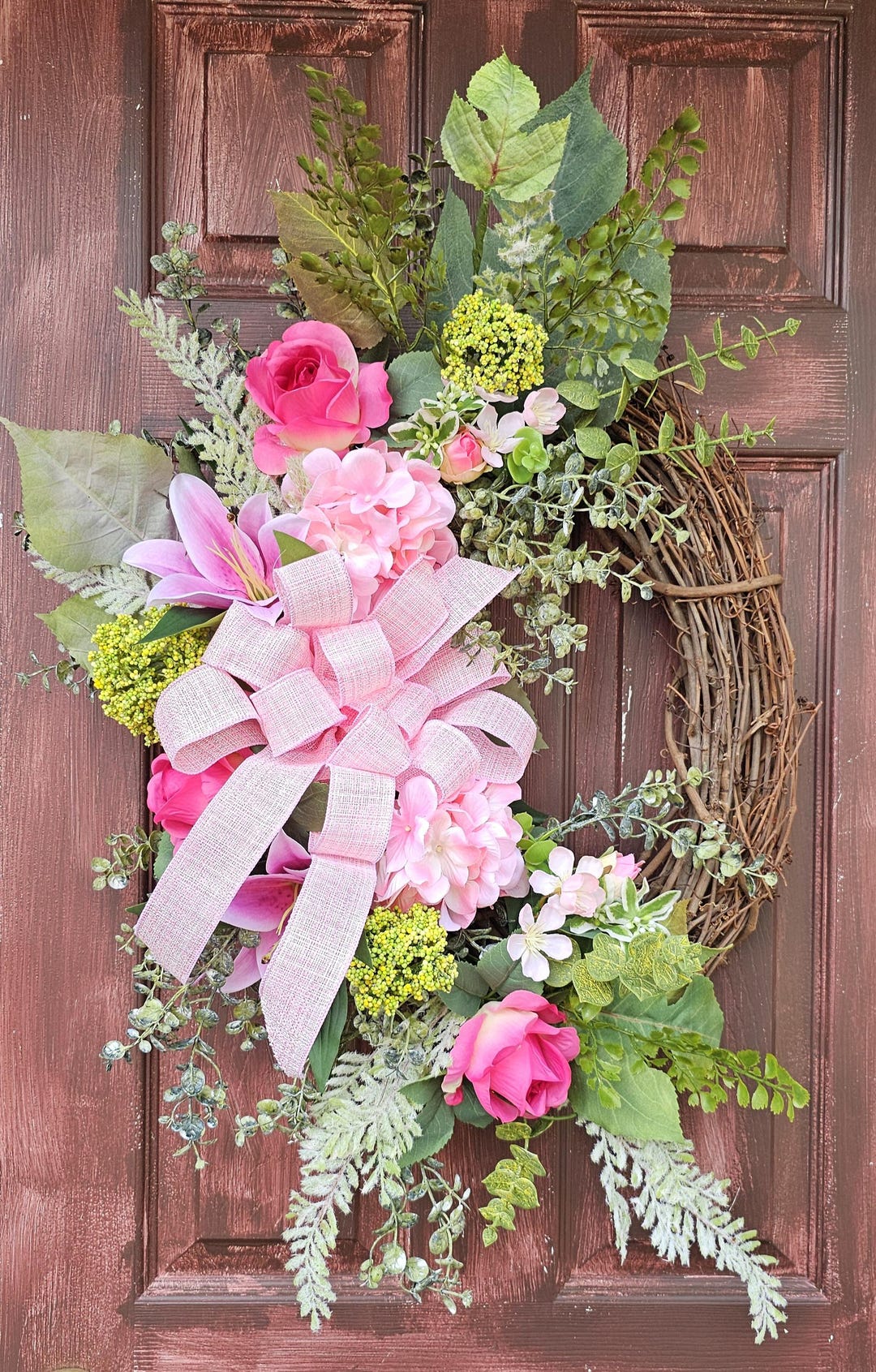 Pink Rose Grapevine Wreath: Spring Floral Door Decor With Bow - Etsy