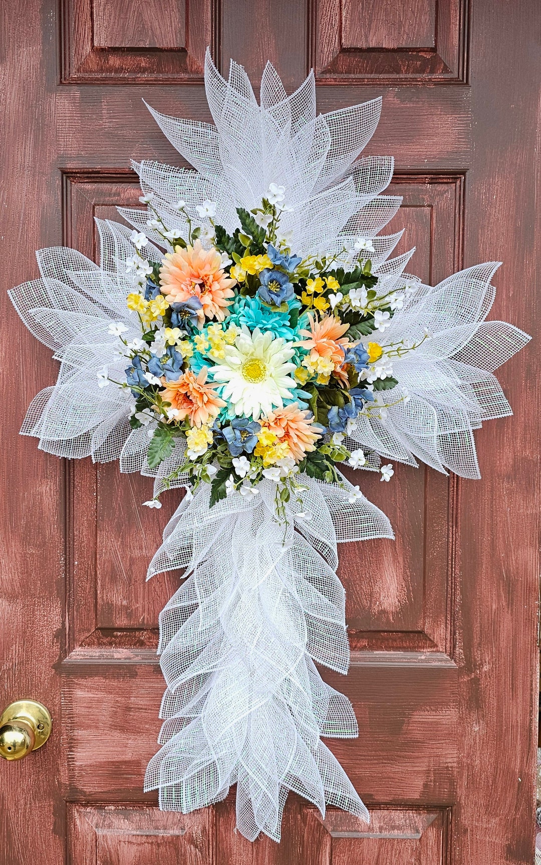 Cross Wreath, Floral Cross Wreath, Easter Cross Wreath, Memorial Cross  Wreath, Spring Wreath, White Cross Spring Wreath, Funeral Wreath