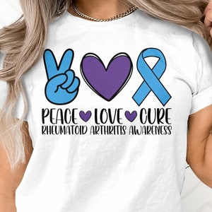 Reumatoïde artritis bewustzijn SVG PNG, Peace Love Cure SVG, blauw paars lint SVG Cricut PNG sublimatie ontwerp