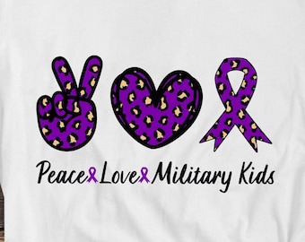Peace Love Military Kids Svg Png, Month of the Military Child Svg, Purple Ribbon Svg Cricut Cut File Sublimation Design