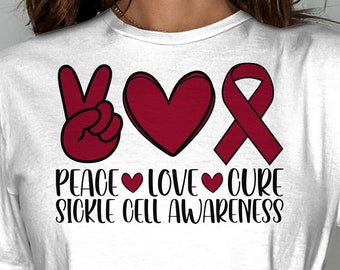 Sickle Cell Awareness Svg Png, Peace Love Cure Sickle Cell Svg, Anemia Awareness Svg, Burgundy Ribbon Svg Cricut Sublimation