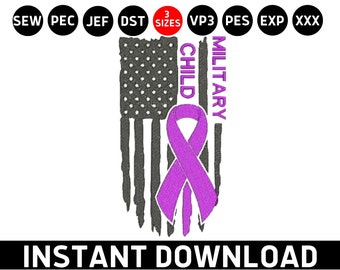 Military Child Flag Embroidery Design, Month of the Military Children, Purple Ribbon Military Kids Machine Embroidery Design Files