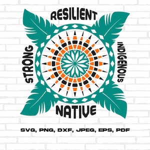 May include: A teal and orange Native American inspired design with a circular pattern in the centre. The words "Strong", "Resilient", "Indigenous", and "Native" are written around the circle. The words "SVG, PNG, DXF, JPEG, EPS, PDF" are written below the design.