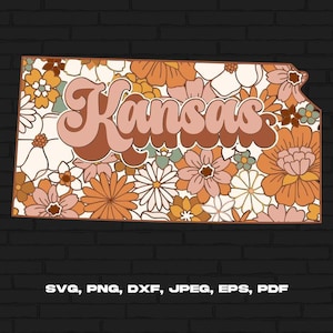 Kansas State Svg Png, Kansas Map Svg, Retro Kansas Flower Svg Cricut Cut File Silhouette Sublimation Design