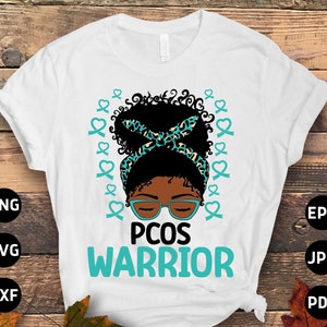 PCOS 認識 SVG PNG、PCOS 戦士アフロ メッシー バン SVG、卵巣症候群ティール リボン Cricut ファイル PNG 昇華デザイン