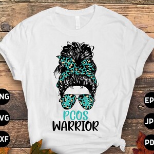 PCOS 認識 SVG PNG、PCOS 戦士メッシー バン SVG、卵巣症候群ティール リボン Cricut ファイル PNG 昇華デザイン