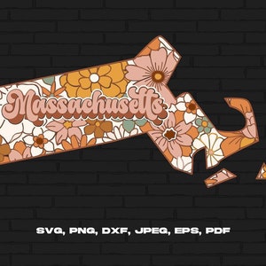 Massachusetts State Svg Png, Massachusetts Map Svg, Retro Massachusetts Flower Svg Cricut Cut File Silhouette Sublimation Design