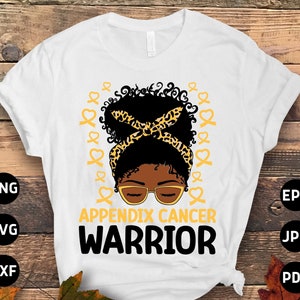Appendix Cancer Awareness Svg Png, Afro Messy Bun Appendix Cancer Warrior Svg, Amber Ribbon Svg Cricut File Png Sublimation Designs